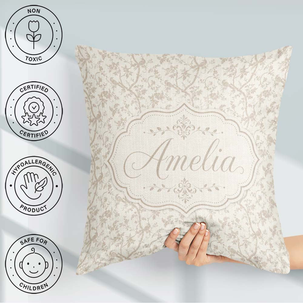 Custom Name Elegant Birds Branches Toile Style Seamless Pattern Square Filled Cushion Throw Pillow Sofa Bed Home Decor Zip Washable UK Made