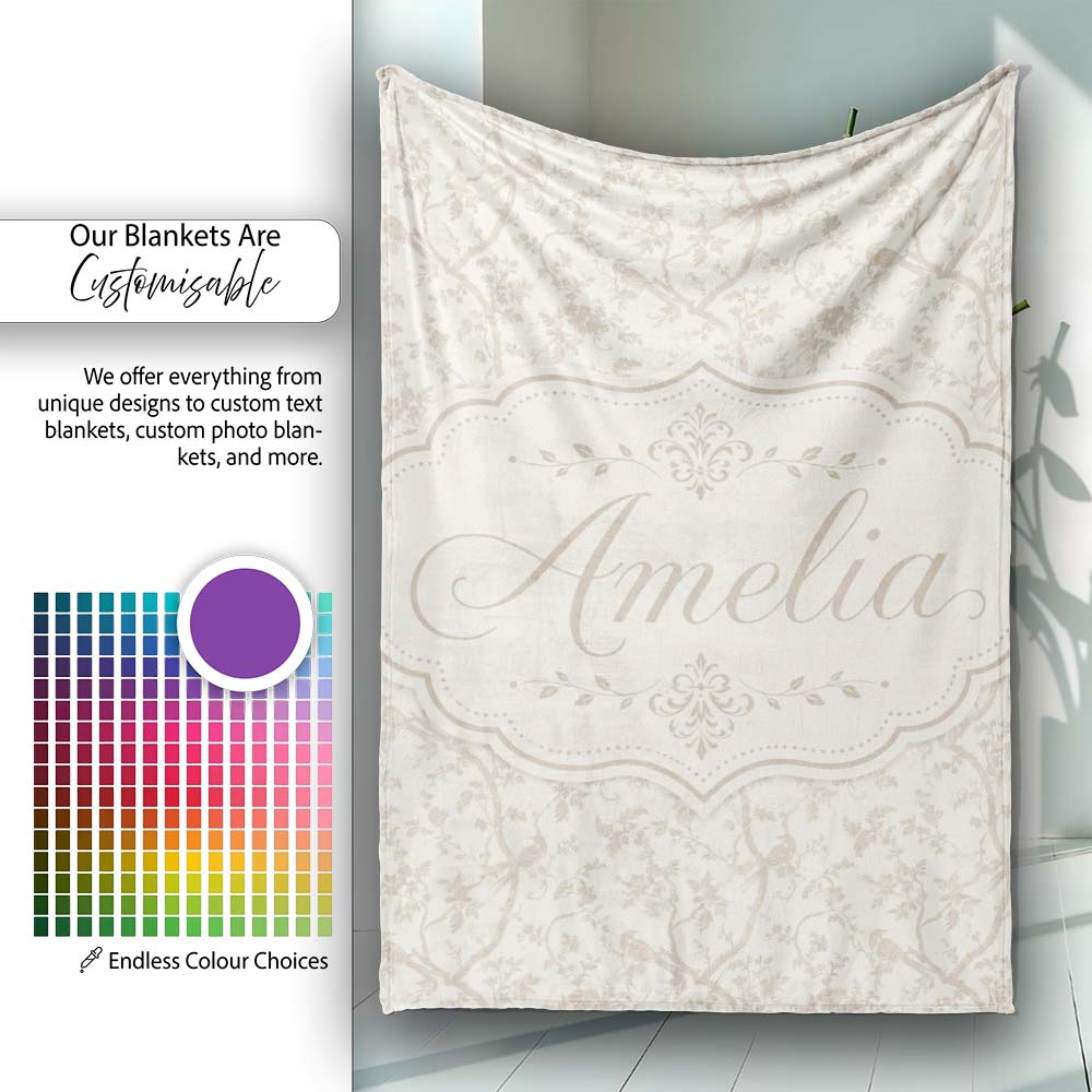 Elegant Birds and Branches Toile Style Seamless Pattern Lovely  Personalised Custom Name Super Soft Fleece Blanket Bed Sofa Throw