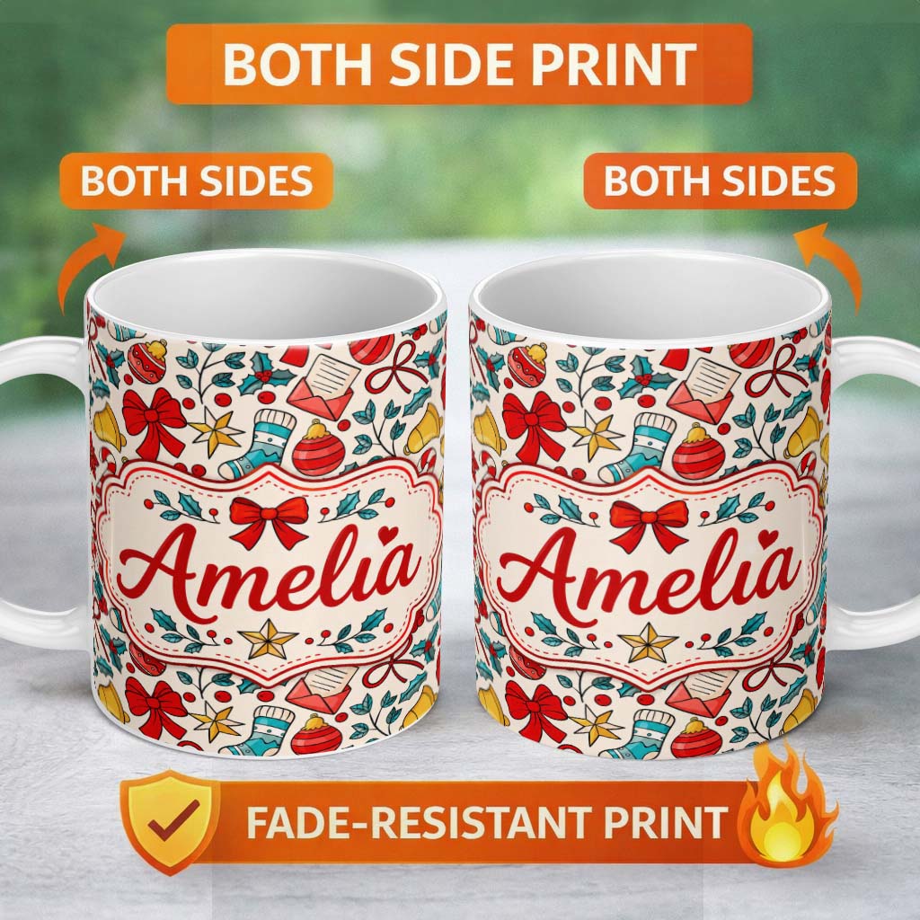 Personalized Custom Name Christmas Bow Bell Ornament Holly Seamless Pattern Cute Unique Gift 11oz Ceramic Coffee Tea Mug White Large Handle