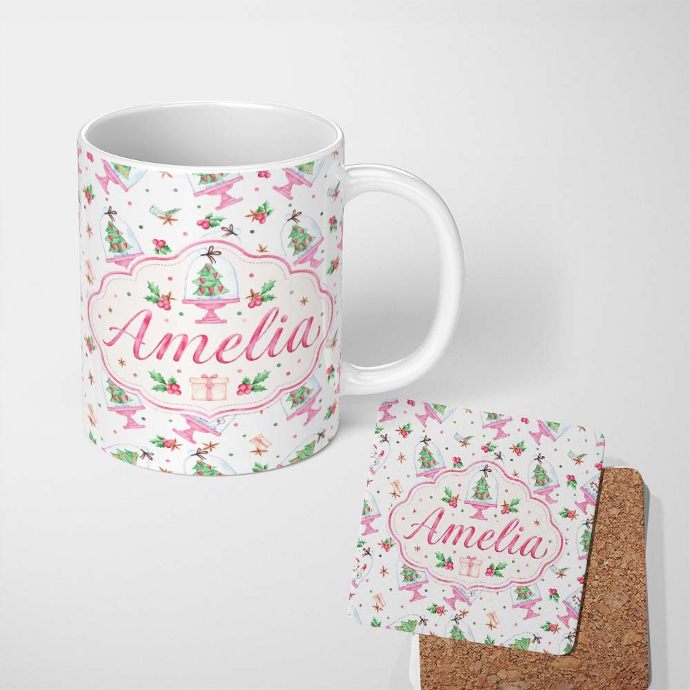 Personalized Custom Name Watercolor Christmas Snow Globe Tree Holiday Seamless Pattern Lovely 11oz Ceramic Coffee Tea Mug White Large Handle