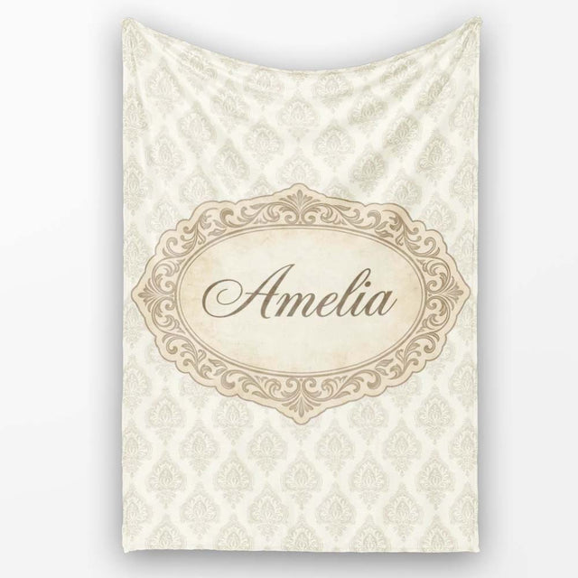 Classic Beige Ornamental Damask Motif Seamless Pattern Lovely  Personalised Custom Name Super Soft Fleece Blanket Bed Sofa Throw