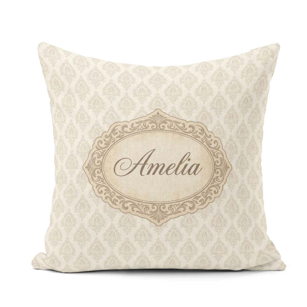 Custom Name Classic Beige Ornamental Damask Motif Pattern Lovely Square Filled Cushion Throw Pillow Sofa Bed Home Decor Zip Washable UK Made