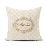 Custom Name Classic Beige Ornamental Damask Motif Pattern Lovely Square Filled Cushion Throw Pillow Sofa Bed Home Decor Zip Washable UK Made