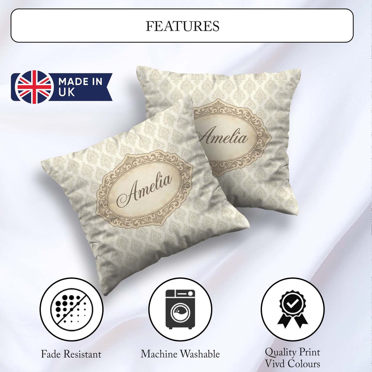 Custom Name Classic Beige Ornamental Damask Motif Pattern Lovely Square Filled Cushion Throw Pillow Sofa Bed Home Decor Zip Washable UK Made