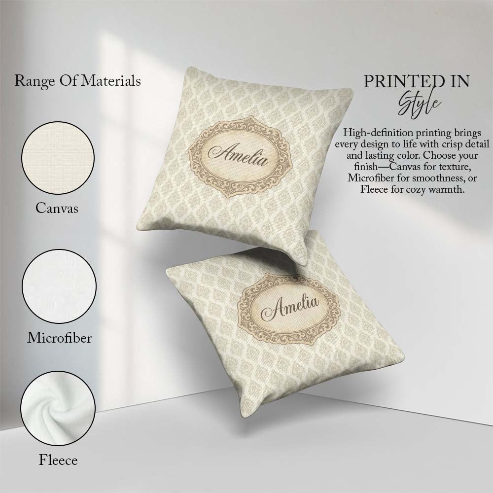 Custom Name Classic Beige Ornamental Damask Motif Pattern Lovely Square Filled Cushion Throw Pillow Sofa Bed Home Decor Zip Washable UK Made