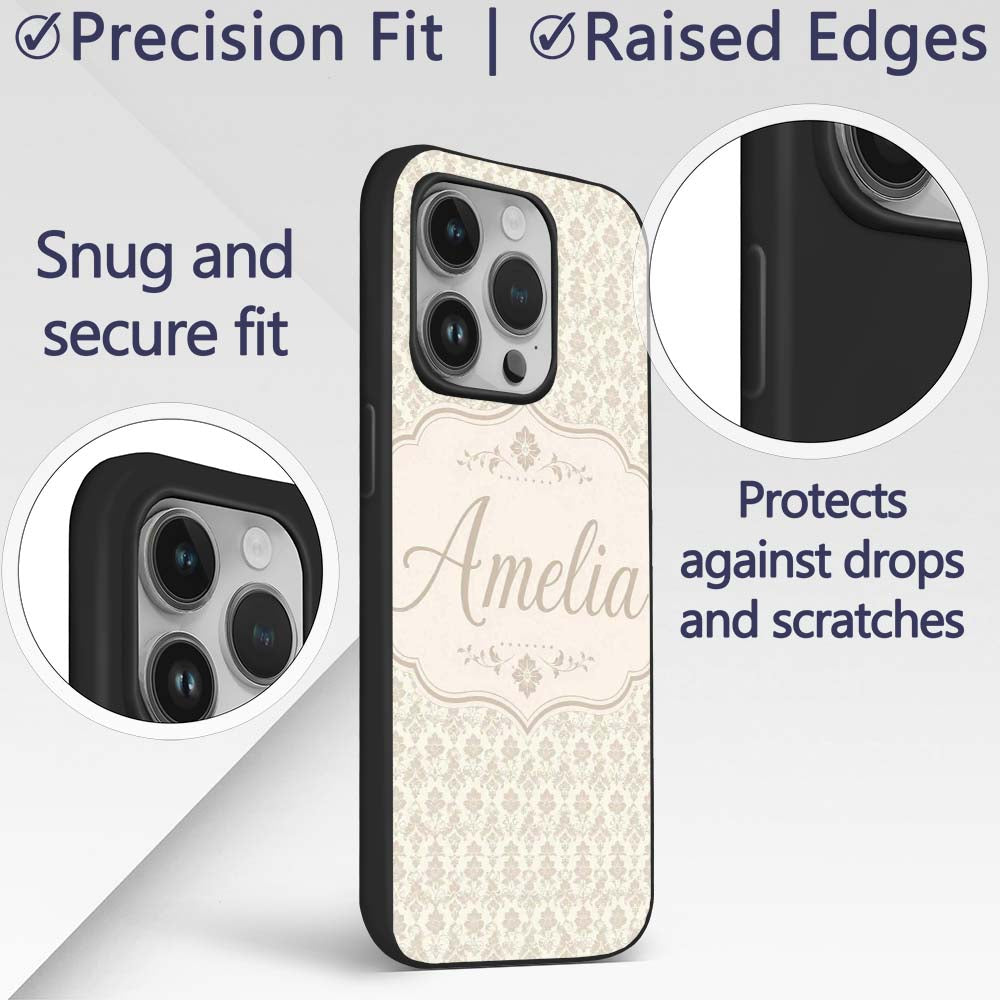 Vintage Beige Floral Damask Repeating Seamless Custom Name Protective Phone Case Mobile Cover Durable Everyday Smartphone Shock Resistant