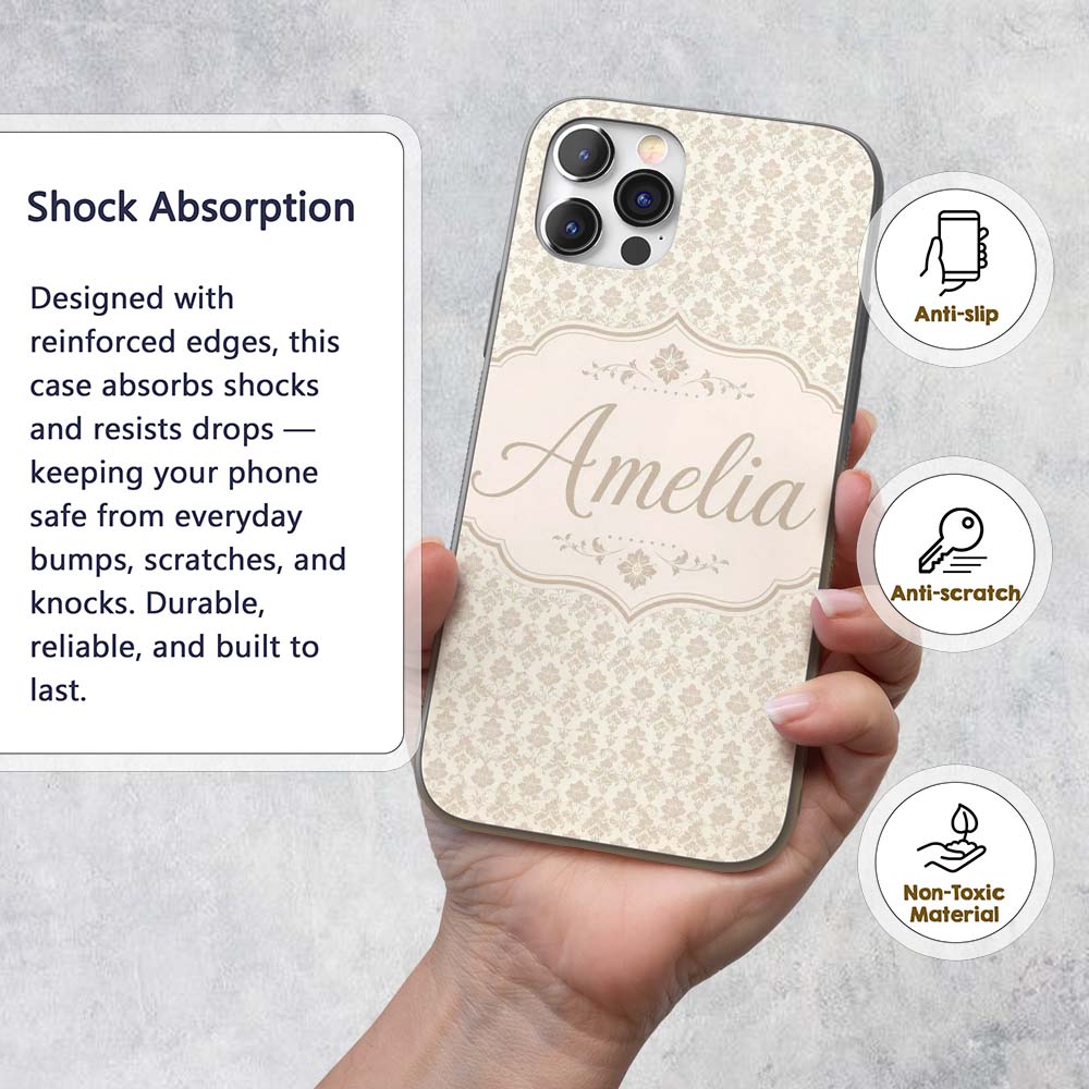 Vintage Beige Floral Damask Repeating Seamless Custom Name Protective Phone Case Mobile Cover Durable Everyday Smartphone Shock Resistant