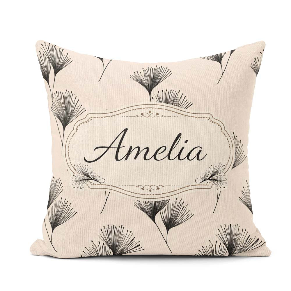 Custom Name Delicate Botanical Sprigs Black Cream Minimal Floral Square Filled Cushion Throw Pillow Sofa Bed Home Decor Zip Washable UK Made