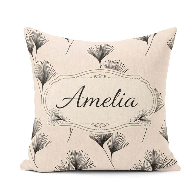 Custom Name Delicate Botanical Sprigs Black Cream Minimal Floral Square Filled Cushion Throw Pillow Sofa Bed Home Decor Zip Washable UK Made
