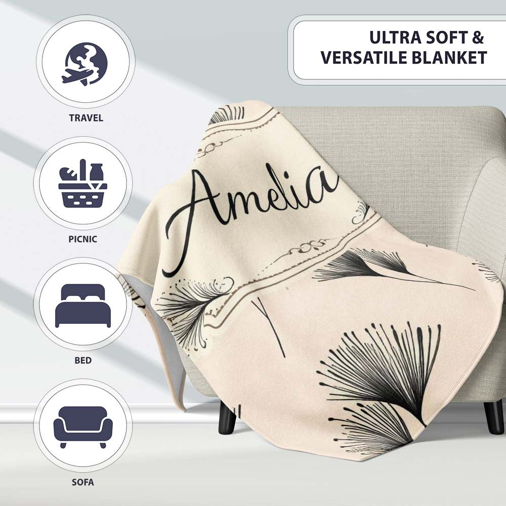 Delicate Botanical Sprigs Black Cream Minimal Floral Pattern Lovely  Personalised Custom Name Super Soft Fleece Blanket Bed Sofa Throw