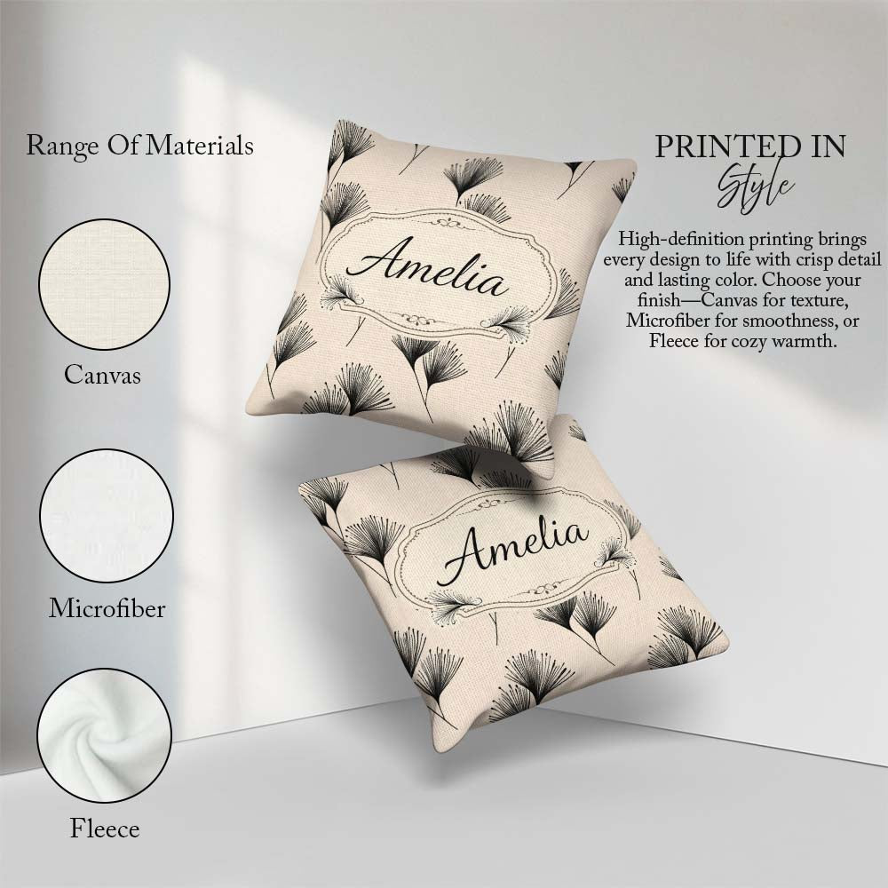Custom Name Delicate Botanical Sprigs Black Cream Minimal Floral Square Filled Cushion Throw Pillow Sofa Bed Home Decor Zip Washable UK Made
