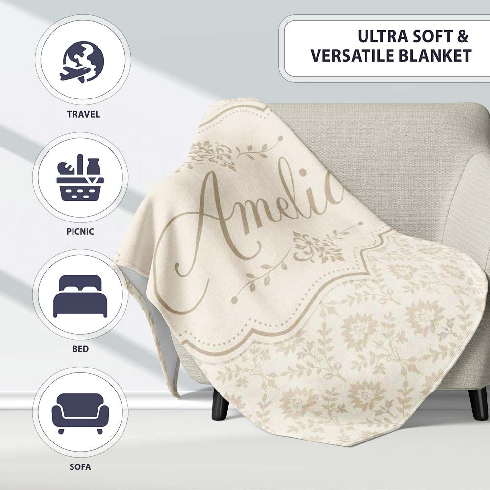 Soft Neutral Floral Bouquet Repeating Seamless Pattern Lovely  Personalised Custom Name Super Soft Fleece Blanket Bed Sofa Throw