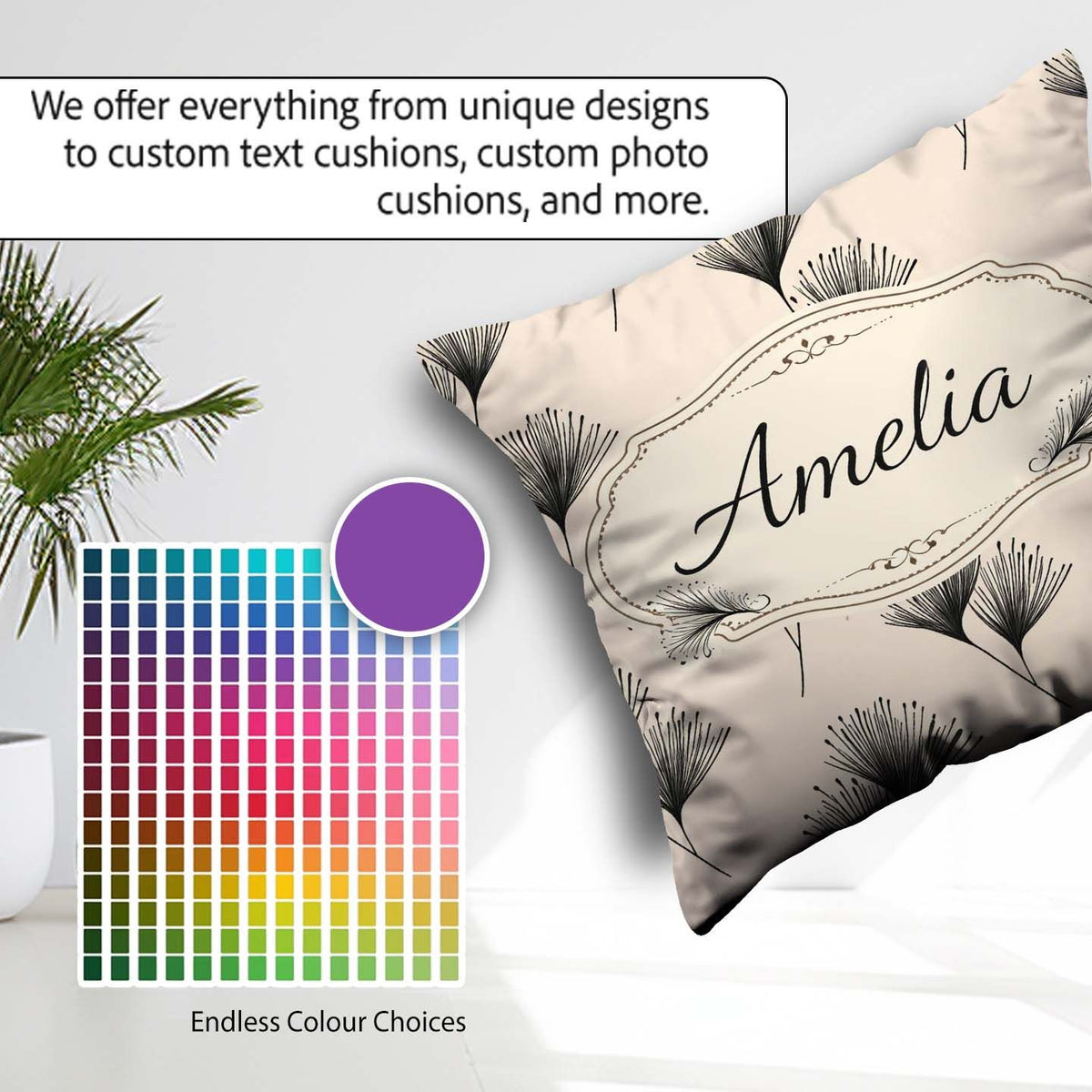 Custom Name Delicate Botanical Sprigs Black Cream Minimal Floral Square Filled Cushion Throw Pillow Sofa Bed Home Decor Zip Washable UK Made