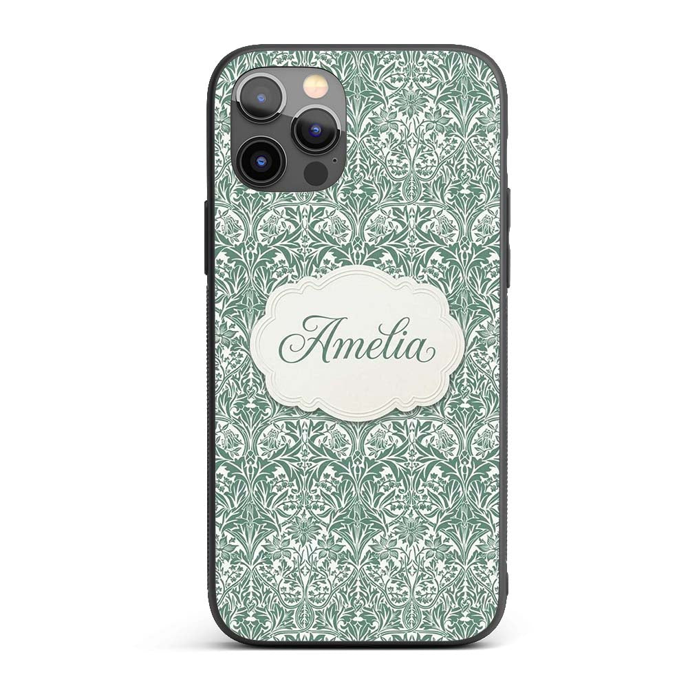 Classic William Morris Style Green Botanical Custom Name Protective Phone Case Mobile Cover Durable Everyday Smartphone Shock Resistant