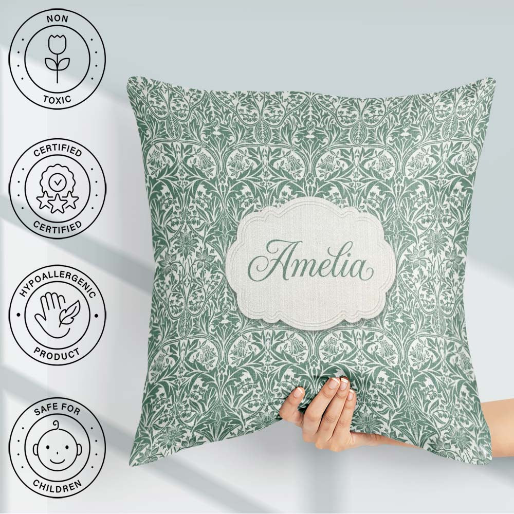 Custom Name Classic William Morris Style Green Botanical Pattern Square Filled Cushion Throw Pillow Sofa Bed Home Decor Zip Washable UK Made