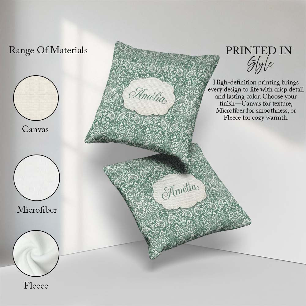 Custom Name Classic William Morris Style Green Botanical Pattern Square Filled Cushion Throw Pillow Sofa Bed Home Decor Zip Washable UK Made