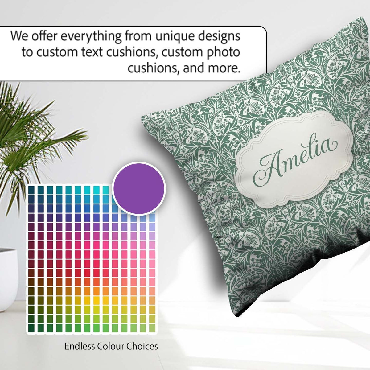 Custom Name Classic William Morris Style Green Botanical Pattern Square Filled Cushion Throw Pillow Sofa Bed Home Decor Zip Washable UK Made