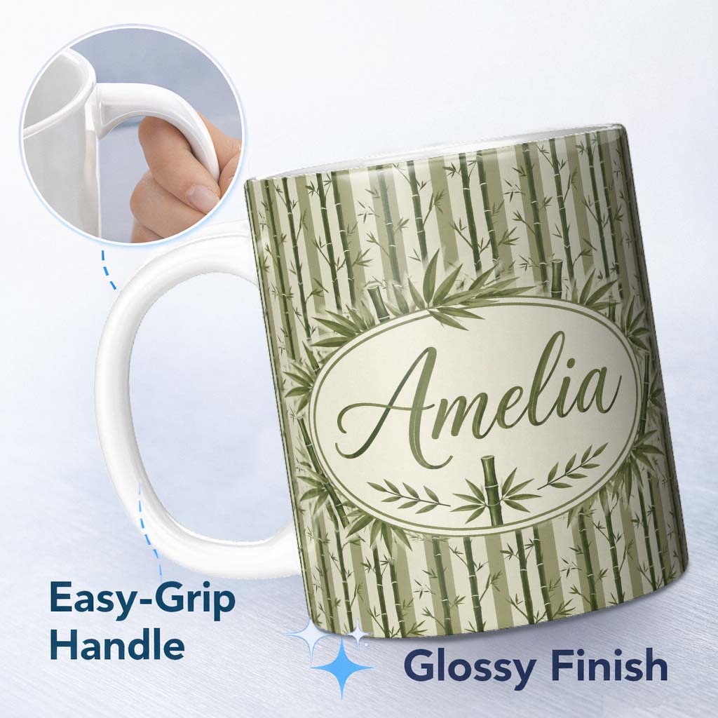 Personalized Custom Name Striped Bamboo Stems with Leaves Minimal Seamless Pattern Lovely 11oz Ceramic Coffee Tea Mug White Large Handle