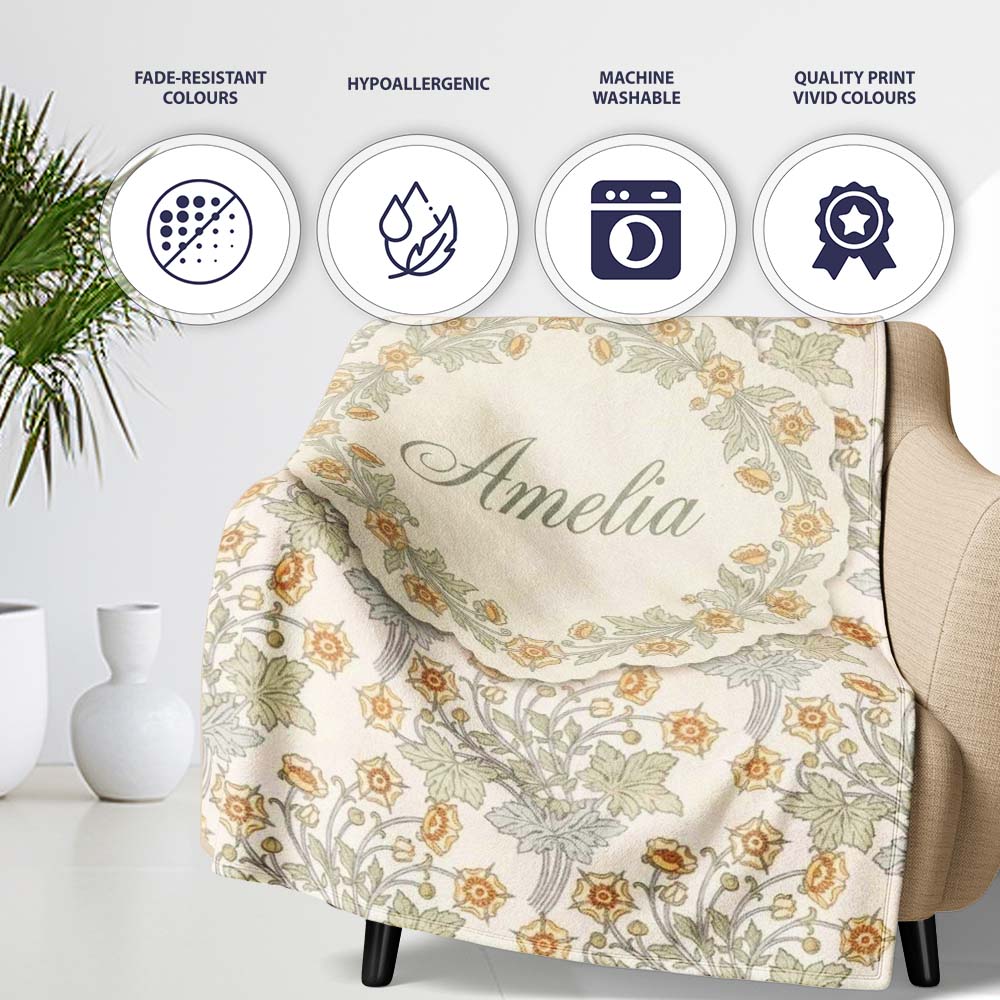 Vintage Botanical Flowers and Leaves Natural Seamless Pattern Lovely  Personalised Custom Name Super Soft Fleece Blanket Bed Sofa Throw