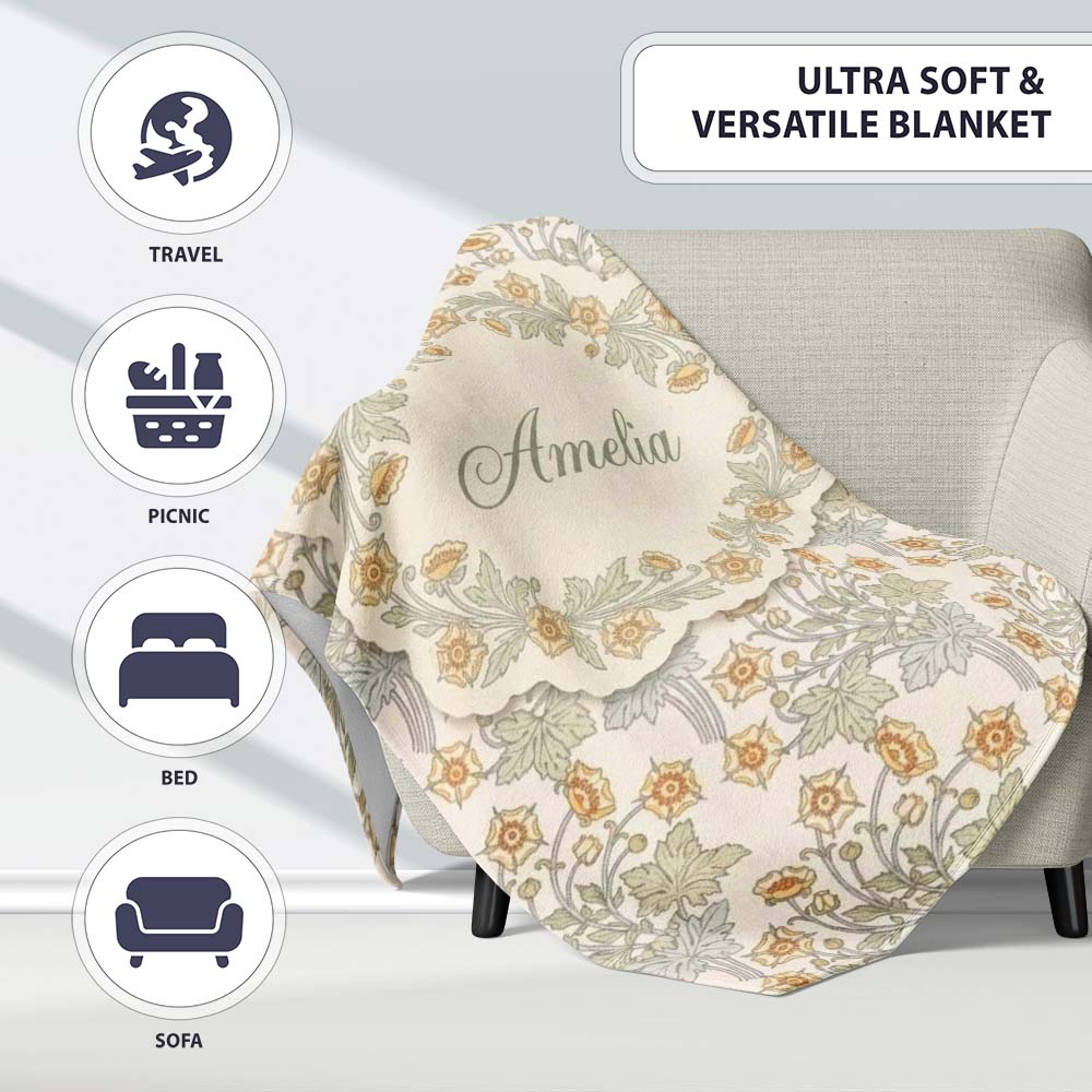 Vintage Botanical Flowers and Leaves Natural Seamless Pattern Lovely  Personalised Custom Name Super Soft Fleece Blanket Bed Sofa Throw