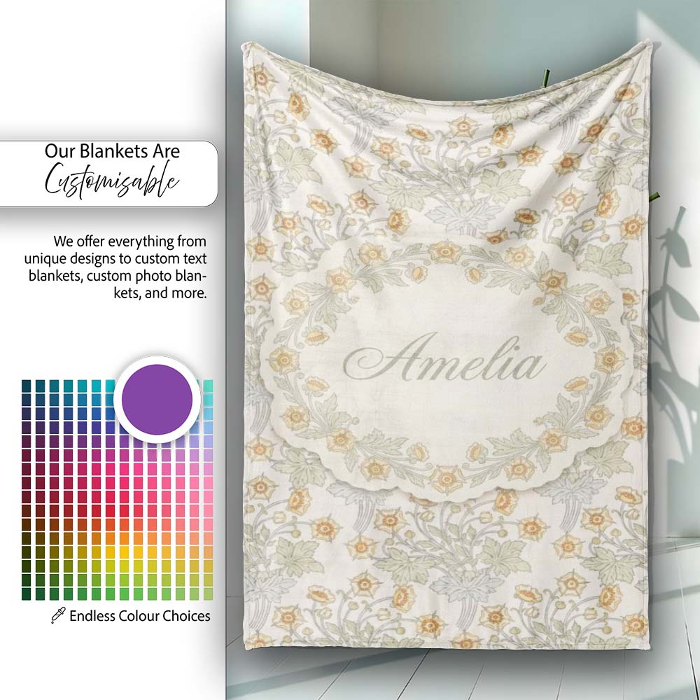 Vintage Botanical Flowers and Leaves Natural Seamless Pattern Lovely  Personalised Custom Name Super Soft Fleece Blanket Bed Sofa Throw