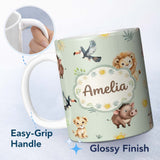 Personalized Custom Name Jungle Animals Lion Meerkat Toucan Boar on Sage Green Seamless 11oz Ceramic Coffee Tea Mug White Large Handle