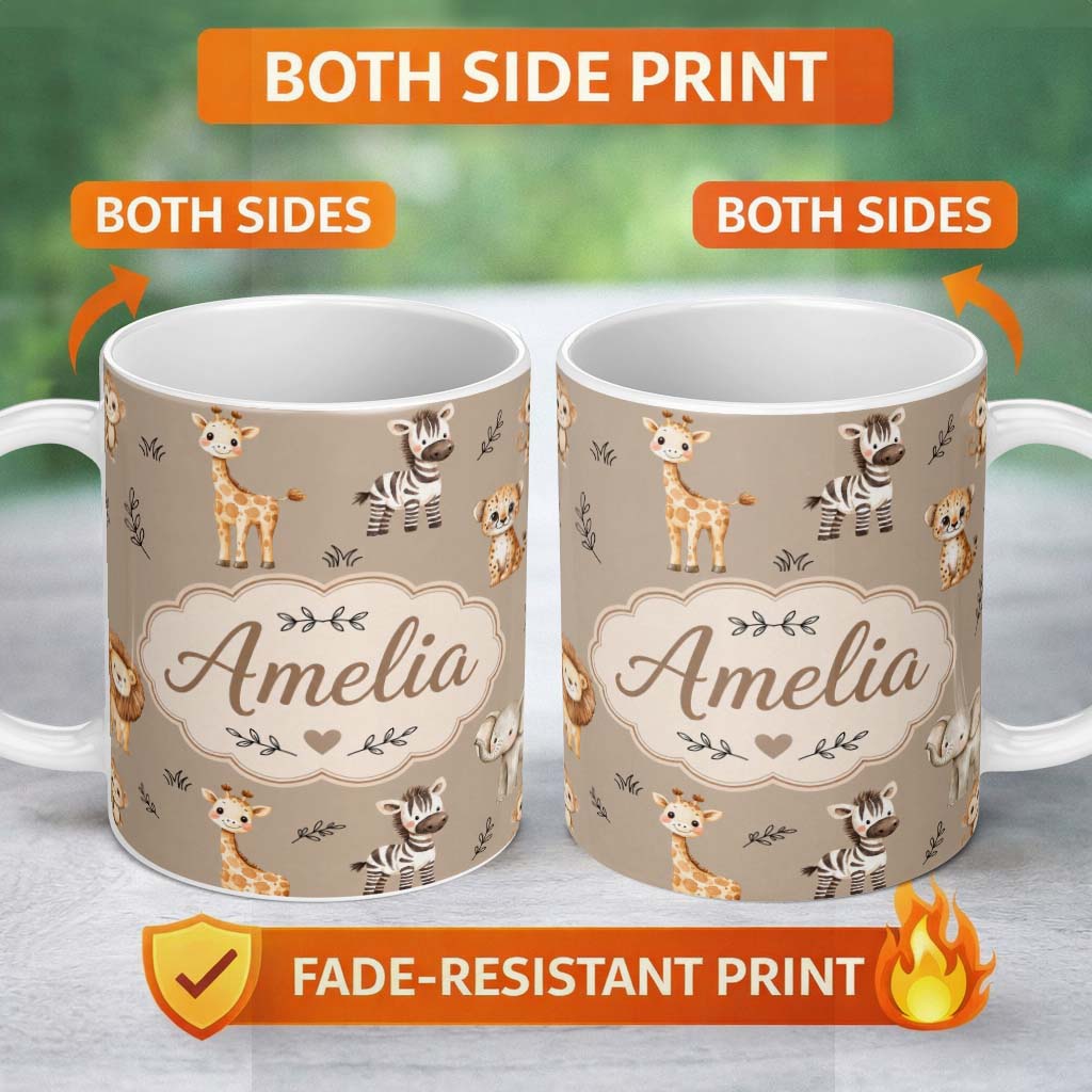 Personalized Custom Name Safari Animals with Elephant Lion and Leopard Cub on Warm Beige 11oz Ceramic Coffee Tea Mug White Large Handle