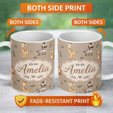 Personalized Custom Name Safari Animals with Elephant Lion and Leopard Cub on Warm Beige 11oz Ceramic Coffee Tea Mug White Large Handle