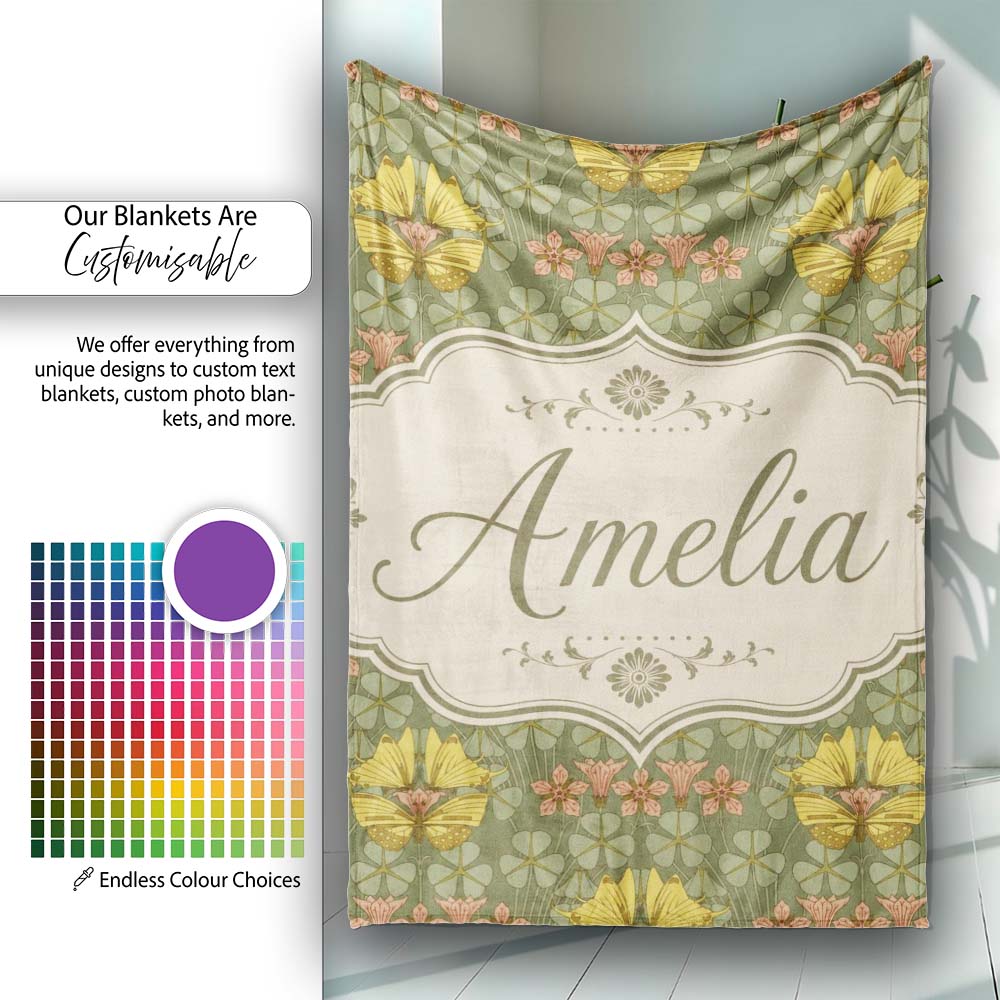 Art Nouveau Butterflies and Floral Garden Seamless Pattern Lovely  Personalised Custom Name Super Soft Fleece Blanket Bed Sofa Throw