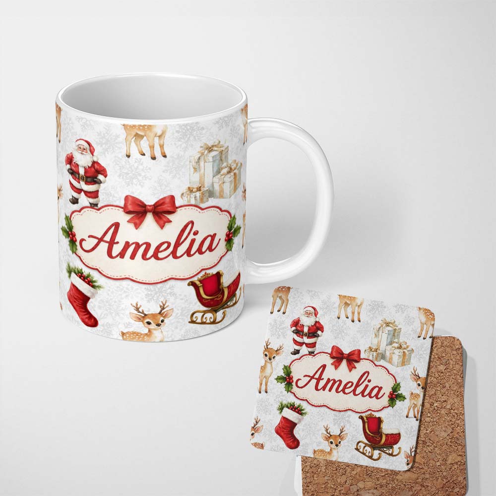 Personalized Custom Name Cute Christmas Santa Reindeer Sleigh Gift Seamless Pattern Lovely 11oz Ceramic Coffee Tea Mug White Large Handle