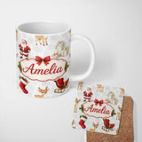 Personalized Custom Name Cute Christmas Santa Reindeer Sleigh Gift Seamless Pattern Lovely 11oz Ceramic Coffee Tea Mug White Large Handle