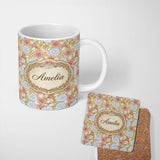 Personalized Custom Name Vintage Floral Botanical Art Nouveau Style Seamless Pattern Lovely 11oz Ceramic Coffee Tea Mug White Large Handle