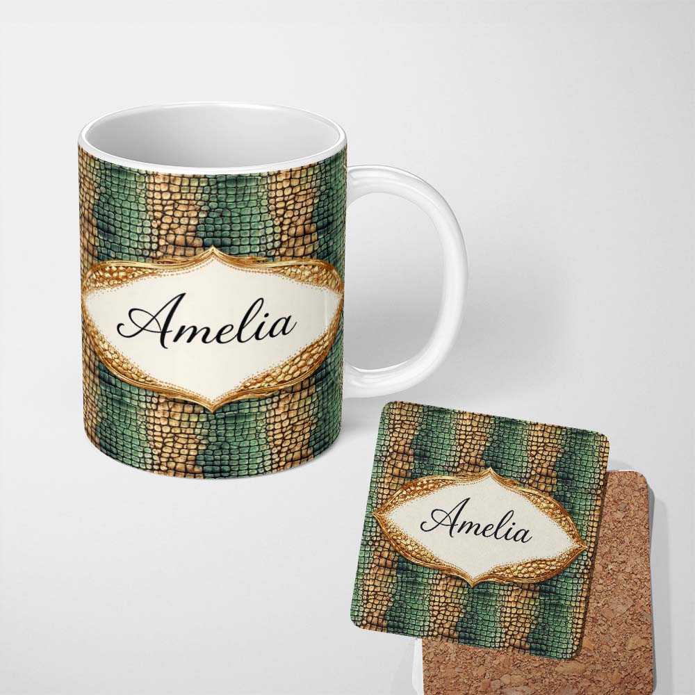 Personalized Custom Name Teal Crocodile Skin Texture Pattern Luxury Design Cute Unique Gift 11oz Ceramic Coffee Tea Mug White Large Handle