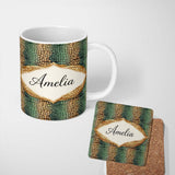 Personalized Custom Name Teal Crocodile Skin Texture Pattern Luxury Design Cute Unique Gift 11oz Ceramic Coffee Tea Mug White Large Handle