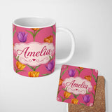 Personalized Custom Name Elegant Tulip Floral Seamless Pattern Bright Pink Background Spring 11oz Ceramic Coffee Tea Mug White Large Handle