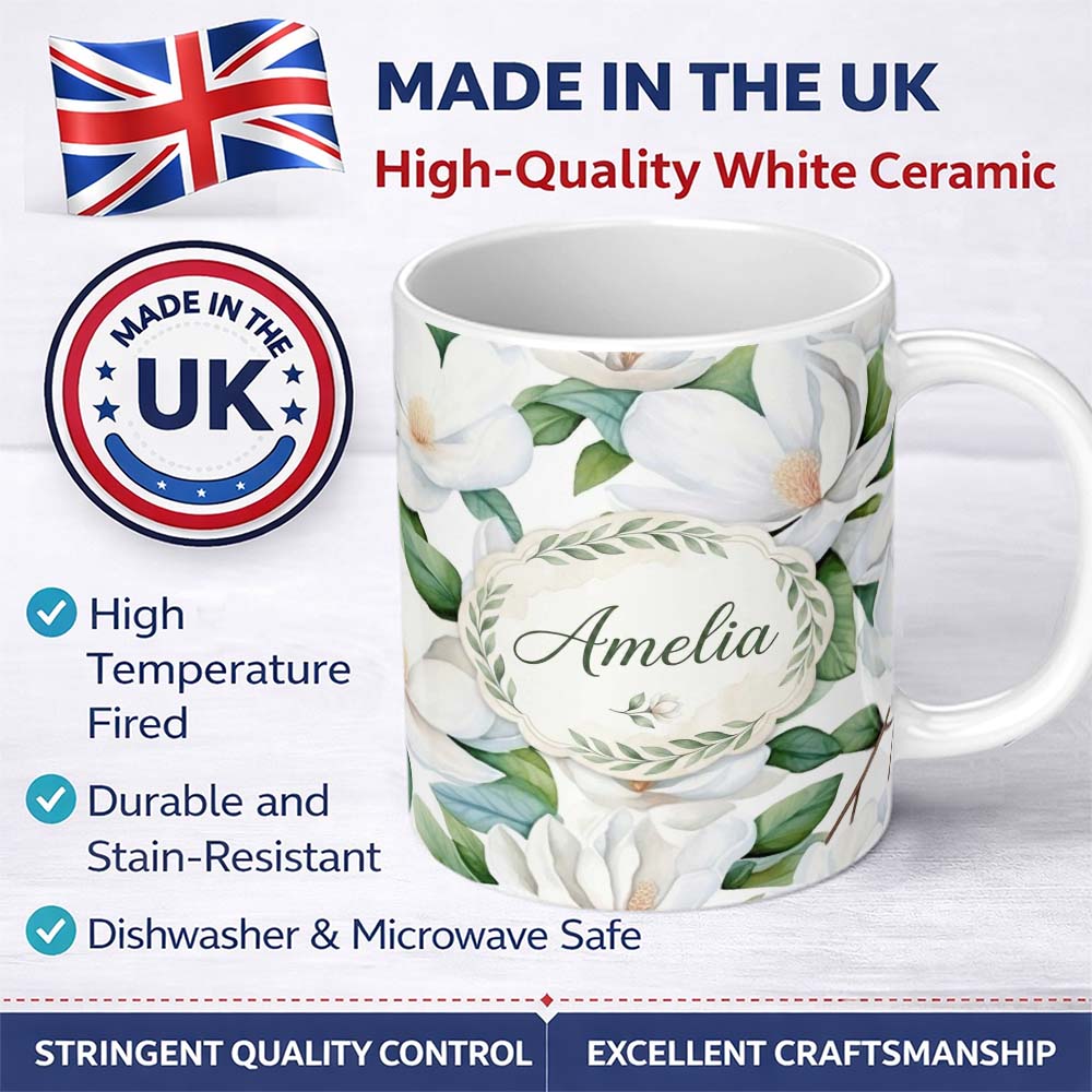 Personalized Custom Name Soft White Magnolia Flowers and Green Leaves Seamless Pattern Lovely 11oz Ceramic Coffee Tea Mug White Large Handle
