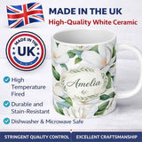Personalized Custom Name Soft White Magnolia Flowers and Green Leaves Seamless Pattern Lovely 11oz Ceramic Coffee Tea Mug White Large Handle