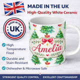 Personalized Custom Name Watercolor Christmas Trees with Lights and Stars Cute Seamless 11oz Ceramic Coffee Tea Mug White Large Handle