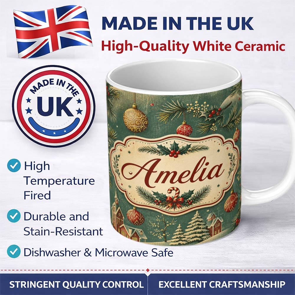 Personalized Custom Name Classic Christmas Ornaments Holly Candy Cane Pine Branch Seamless 11oz Ceramic Coffee Tea Mug White Large Handle