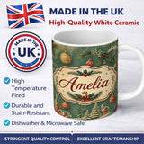 Personalized Custom Name Classic Christmas Ornaments Holly Candy Cane Pine Branch Seamless 11oz Ceramic Coffee Tea Mug White Large Handle