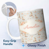 Personalized Custom Name Cute Bunny Rows Folk Style Seamless Pattern Thoughtful Gift Idea 11oz Ceramic Coffee Tea Mug White Large Handle
