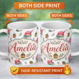 Personalized Custom Name Cute Christmas Gnome Lantern Holly Berry Winter Seamless Pattern 11oz Ceramic Coffee Tea Mug White Large Handle