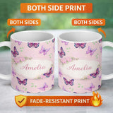 Personalized Custom Name Pink Purple Butterfly Floral Soft Pink Background Seamless Pattern 11oz Ceramic Coffee Tea Mug White Large Handle