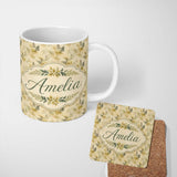 Personalized Custom Name Soft Beige Fern Botanical Watercolor Seamless Pattern Lovely 11oz Ceramic Coffee Tea Mug White Large Handle