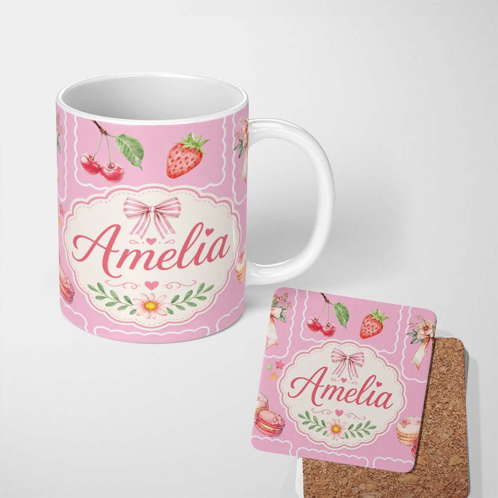 Personalized Custom Name Cute Watercolor Cherry Strawberry Ribbon Bow and Macaron Frame Pink 11oz Ceramic Coffee Tea Mug White Large Handle