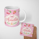 Personalized Custom Name Cute Watercolor Cherry Strawberry Ribbon Bow and Macaron Frame Pink 11oz Ceramic Coffee Tea Mug White Large Handle