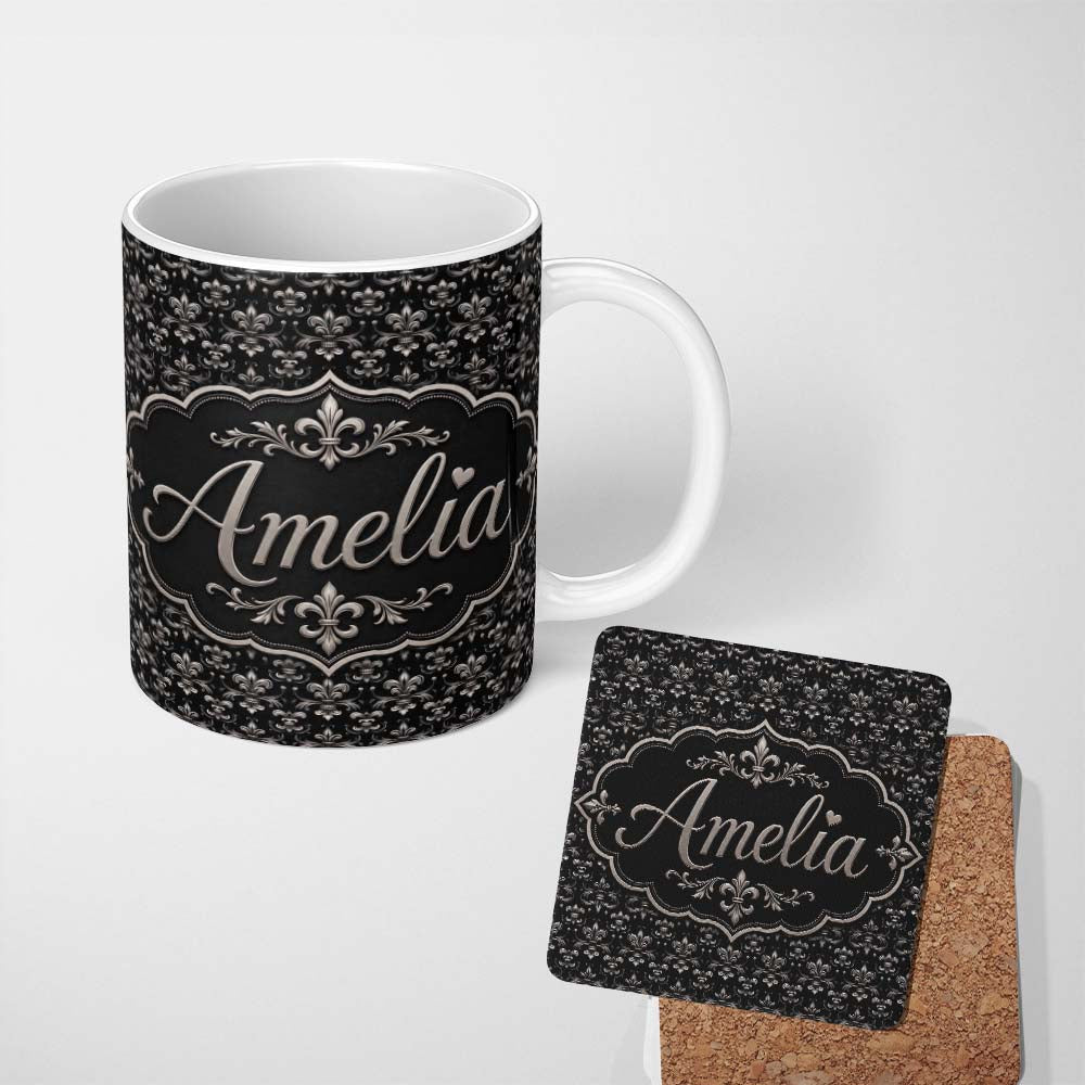 Personalized Custom Name Classic Aged Fleur de Lis Pattern in Neutral Beige Tones on Textured 11oz Ceramic Coffee Tea Mug White Large Handle