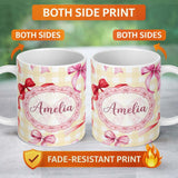Personalized Custom Name Watercolor Ribbon Bow Seamless Pattern on Yellow Gingham Background 11oz Ceramic Coffee Tea Mug White Large Handle