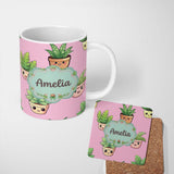 Personalized Custom Name Cute Kawaii Smiling Plant Pots Leaves Seamless Pattern Pink Lovely 11oz Ceramic Coffee Tea Mug White Large Handle