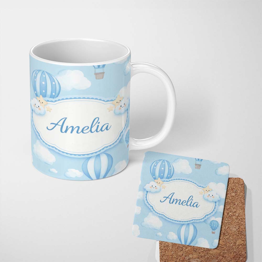 Personalized Custom Name Blue Hot Air Balloon Sky Pattern Cute Nursery Design Lovely 11oz Ceramic Coffee Tea Mug White Large Handle